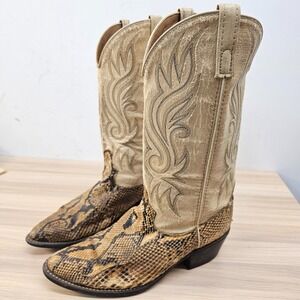 Vintage 90s Snakeskin Boots Women 9.5 D Beige Python Western Rodeo Boho ACME USA